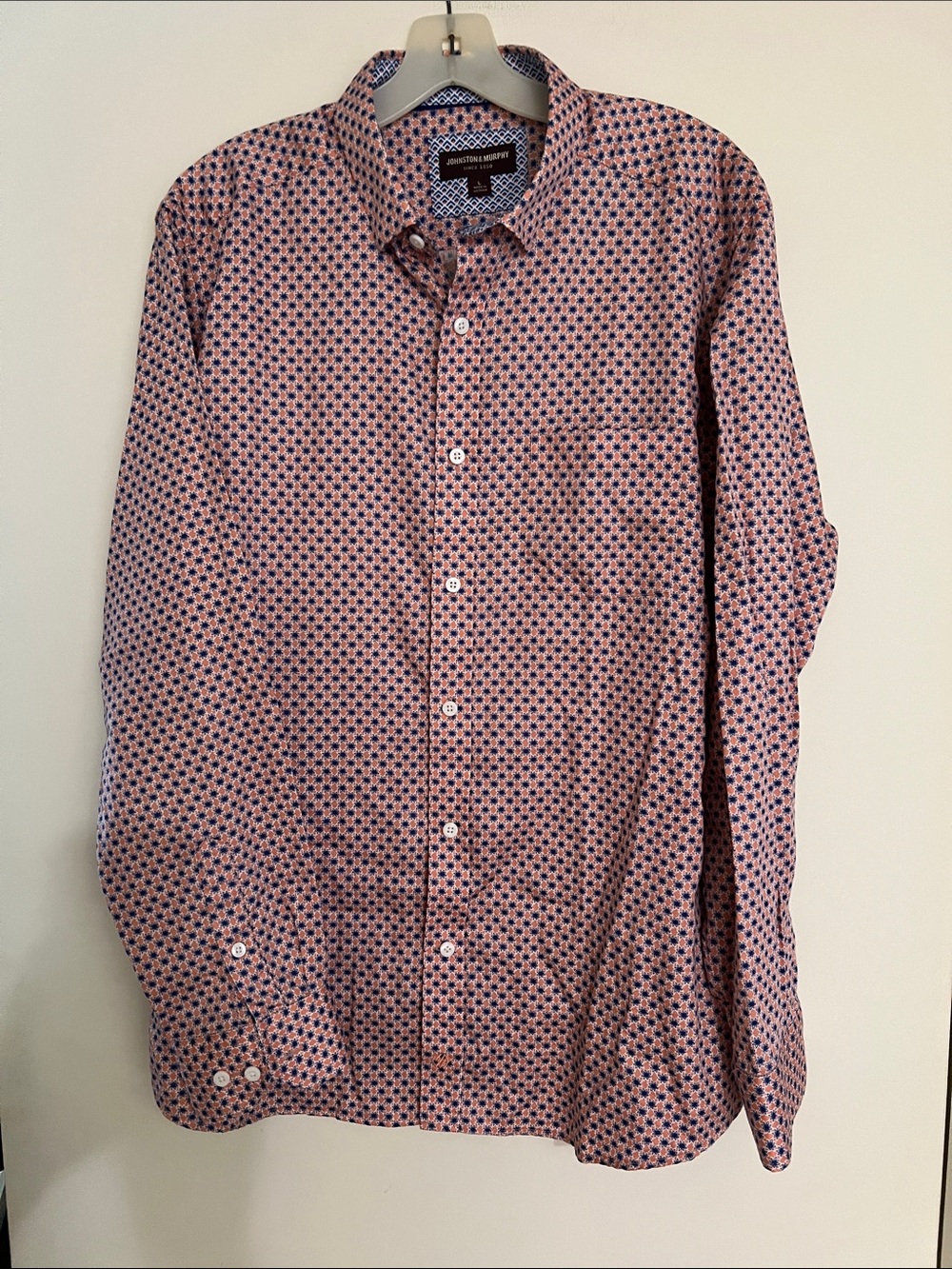 JOHNSTON & MURPHY MEN'S LONG SLEEVE BLUE & ORANGE 100% COTTON SHIRT SIZE L
